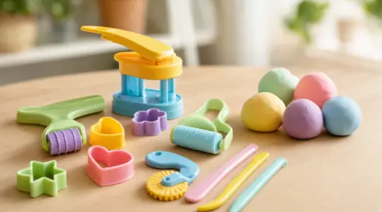 Ein Set bunter Knetwerkzeuge für Kinder aus Kunststoff mit Rollen, Förmchen, einer kleinen Presse und Modellierstäbchen neben bunten Knetkugeln auf einem hellen Holztisch