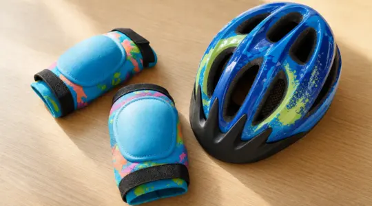 Ein Paar bunte kindgerechte Knieschoner mit Polsterung liegt neben einem Fahrradhelm