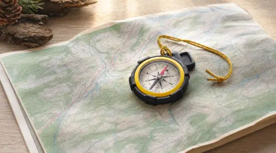 Ein robuster Kinderkompass mit klarer Skala liegt auf einer Wanderkarte auf einem hellen Tisch bereit