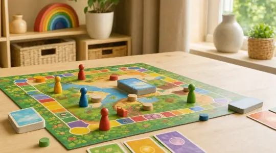 Ein buntes kooperatives Brettspiel mit Spielfiguren und Karten auf einem Tisch