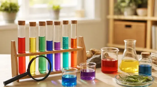Ein Kinder-Experimentierset mit Reagenzgläsern, Lupe und bunten Flüssigkeiten auf einem Tisch