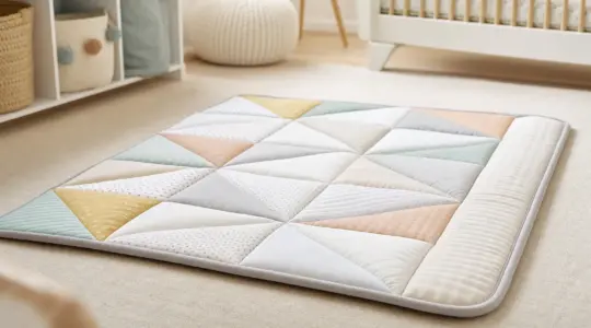 Weiche gepolsterte Krabbelmatte für Babys mit fröhlichem geometrischem Muster, ausgebreitet auf dem Boden im Kinderzimmer