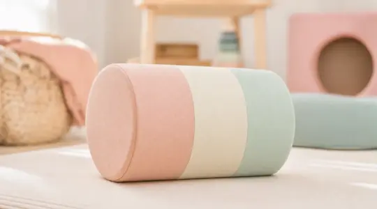 Eine weiche Motorik-Krabbelrolle aus Schaumstoff mit hellem Stoffbezug in zarten Pastelltönen auf einer weichen Spielmatte in einer hellen Spielecke