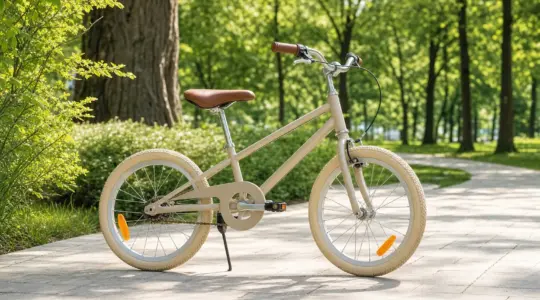 Ein leichtes Kinderfahrrad in dezenter Farbe steht auf einem hellen Weg im Freien bei Sonnenschein