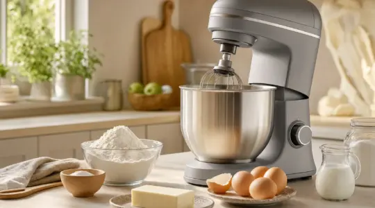Eine Küchenmaschine mit Rührschüssel steht auf einer hellen Küchenarbeitsplatte, daneben Zutaten zum Backen