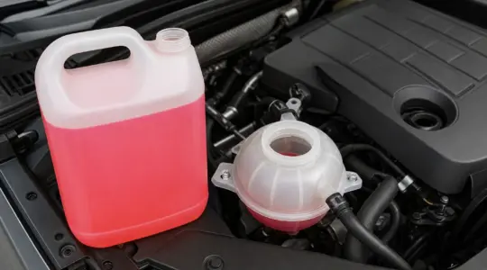Ein Kanister Kühlerfrostschutz steht neben dem geöffneten Kühlmittelbehälter im Motorraum bereit