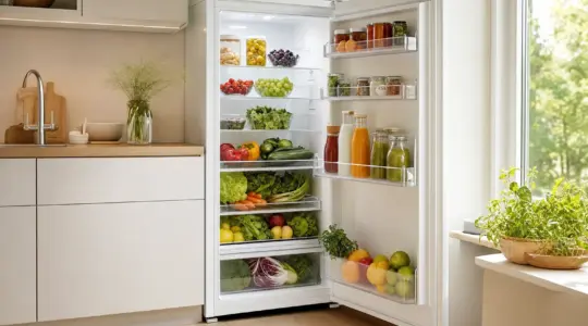 Ein moderner Kühlschrank steht in einer hellen Küche, die Tür ist geöffnet und zeigt geordnete Lebensmittel