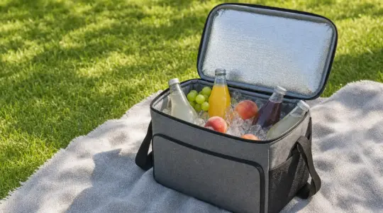 Eine geöffnete Kühltasche steht mit Getränken auf einer Picknickdecke