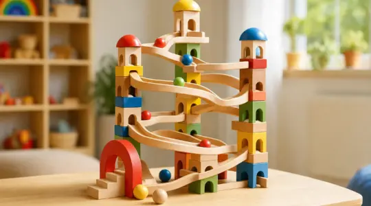 Bunte hölzerne Kugelbahn aus Naturholz mit geschwungenen Bahnelementen und Holzkugeln auf einem hellen Holztisch im Kinderzimmer