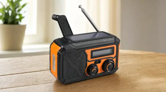 Ein Kurbelradio mit Handkurbel und Solarzelle steht auf einem Tisch