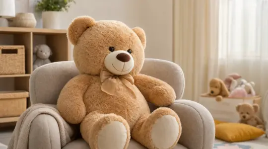 Ein großes flauschiges Teddybär-Kuscheltier auf einem Sessel im Kinderzimmer