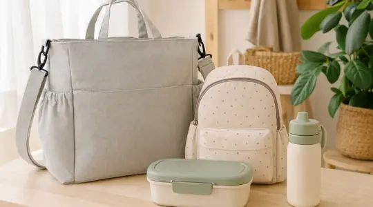Eine praktische Wickeltasche und weitere Familien-Produkte liegen ordentlich auf einem hellen Tisch bereit