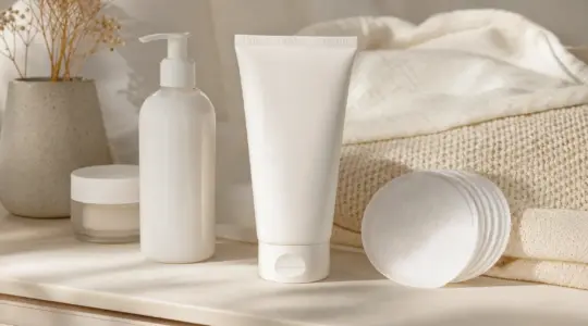 Verschiedene Stillprodukte wie eine Tube Pflegecreme und Stilleinlagen liegen ordentlich auf einem hellen Tisch