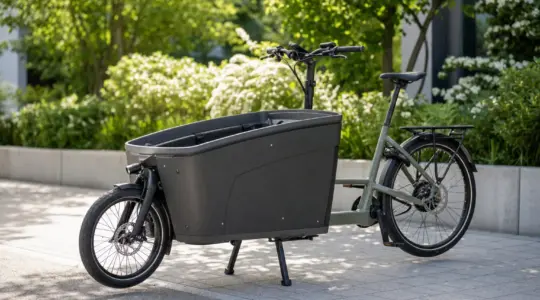 Ein Lastenfahrrad mit großer Transportbox steht an einem Stadtweg