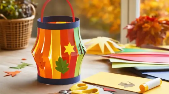 Eine selbstgebastelte bunte Laterne aus Tonpapier mit Bastelmaterial auf einem Basteltisch
