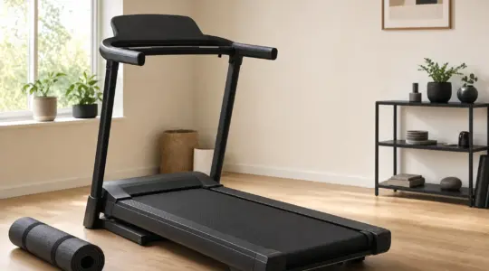 Ein modernes Laufband steht in einem hellen Heimtrainingsraum mit Holzboden