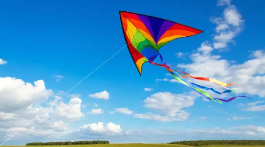 Ein bunter Lenkdrachen fliegt an einer Schnur vor blauem Himmel über einer Wiese