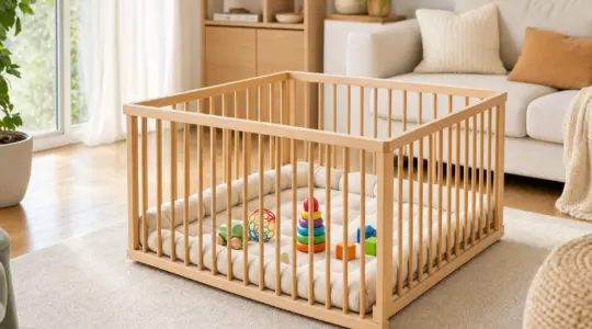 Ein Laufgitter aus Holz steht in einem hellen Wohnzimmer, darin liegen Spielzeug und eine weiche Einlage