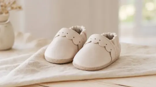 Ein Paar weiche Baby-Lauflernschuhe aus hellem Leder mit flexibler Sohle auf einem hellen Holztisch mit einem weichen Tuch