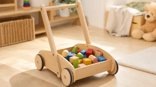 Hölzerner Lauflernwagen aus Naturholz mit Griff und bunten Holzbausteinen auf einem hellen Holzboden im Kinderzimmer