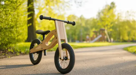 Hochwertiges Laufrad für Kinder aus Holz und Metall auf einem sonnigen Parkweg