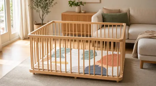 Ein Laufstall aus hellem Holz mit Gitterstäben und weicher Spielmatte in einem hellen Wohnzimmer