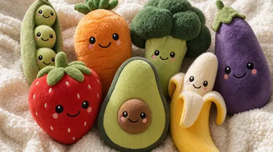 Mehrere niedliche Plüschtiere in Form von Obst und Gemüse mit Gesichtern liegen ordentlich auf einer hellen Decke