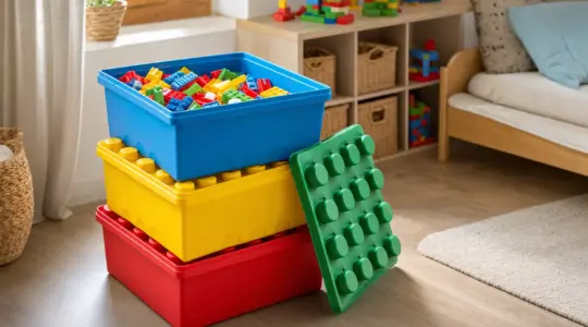 Mehrere bunte stapelbare Aufbewahrungsboxen mit Noppen-Oberseite und Bausteinen