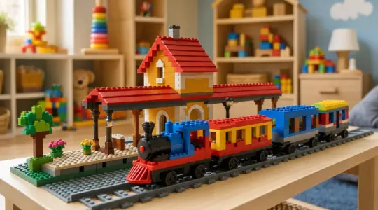 Ein bunter Bahnhof aus Bausteinen mit Bahnsteig und Zug steht auf einem hellen Tisch bereit zum Spielen