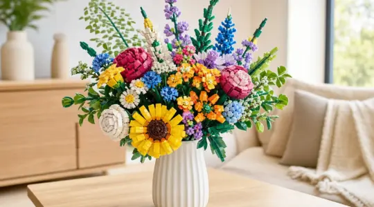 Ein Blumenstrauß aus bunten Bausteinen steht in einer Vase auf einem hellen Tisch als Dekoration bereit