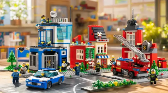 Bunte LEGO City Spielzeugstadt mit Polizeiwache, Feuerwache und Einsatzfahrzeugen
