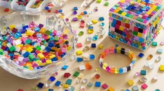 Bunte Bastel-Steinchen und gestaltete Objekte liegen auf einem hellen Basteltisch bereit
