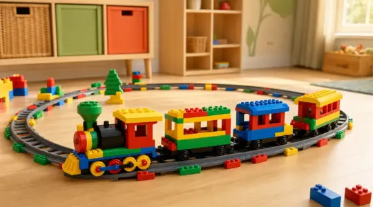 Eine aus bunten Klemmbausteinen gebaute Spielzeug-Eisenbahn fährt auf einem Schienenkreis auf einem hellen Boden