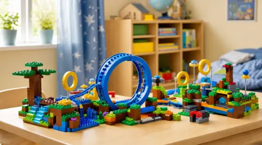 Ein buntes Level aus Bausteinen mit Loopings und Ringen steht auf einem hellen Tisch bereit zum Spielen