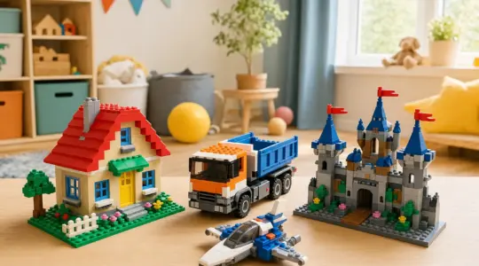 Mehrere bunte Bausätze zu verschiedenen Themen stehen auf einem hellen Tisch bereit zum Bauen
