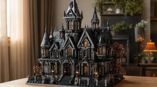 Eine schaurig-schöne gotische Villa aus Bausteinen steht als Modell auf einem hellen Tisch bereit