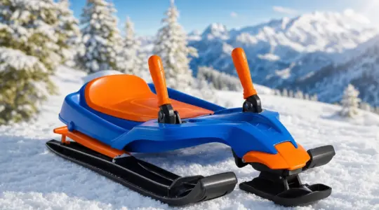 Ein sportlicher Lenkbob mit Lenkhebeln und Bremse steht im frischen Schnee vor einer sonnigen Winterlandschaft