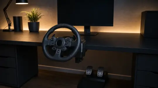Ein Gaming-Lenkrad mit Pedalen ist an einem Schreibtisch befestigt und bereit zum Spielen