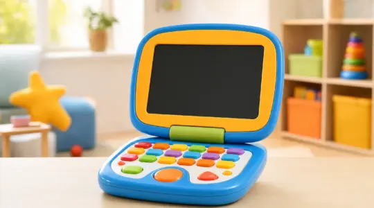 Ein kindgerechter Lerncomputer aus buntem Kunststoff mit Tastatur und ausgeschaltetem Bildschirm steht auf einem hellen Tisch