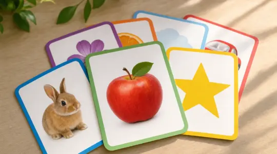 Bunte Lernkarten mit einfachen Bildern liegen aufgefächert auf einem hellen Tisch bereit zum Lernen