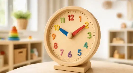 Hölzerne Kinder-Lernuhr aus Naturholz mit großem Ziffernblatt, bunten Zeigern und Ziffern eins bis zwölf im Kinderzimmer