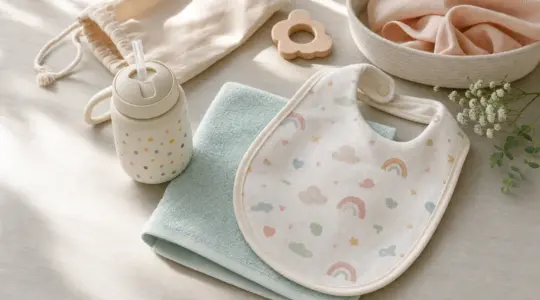Verschiedene schön gestaltete Kinderprodukte in dezenten Farben liegen ordentlich auf einem hellen Tisch
