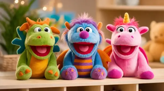 Living Puppets Klappmaul-Handpuppen für Kinder auf einem Holzregal im Kinderzimmer