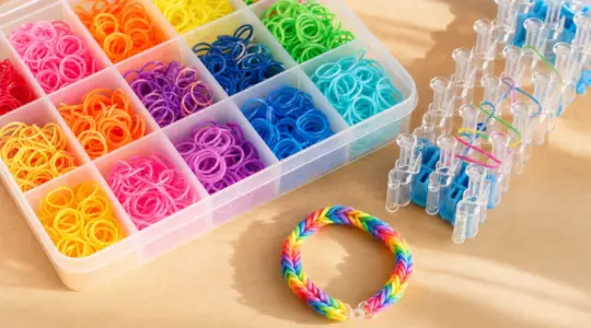 Viele bunte Loom-Bänder mit Webrahmen und einem fertig geflochtenen Armband