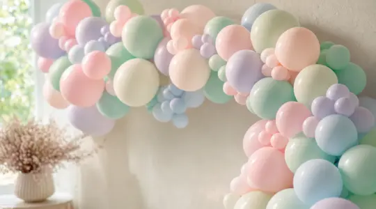 Eine festliche Luftballongirlande aus vielen Ballons in zarten Pastelltönen dekorativ an einer hellen Wand drapiert für einen Kindergeburtstag