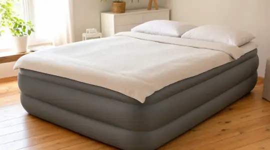 Ein hohes aufgeblasenes Luftbett steht bezogen in einem Gästezimmer