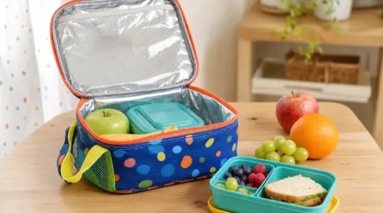 Eine bunte isolierte Lunchbag für Kinder mit Obst und Brotdose auf einem Tisch