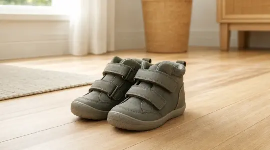 Ein Paar robuste Kinderschuhe aus gutem Material in dezenten Farben stehen nebeneinander auf einem Holzboden