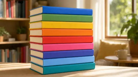 Ein Stapel bunter Comic-Taschenbücher liegt auf einer hellen Fläche bereit