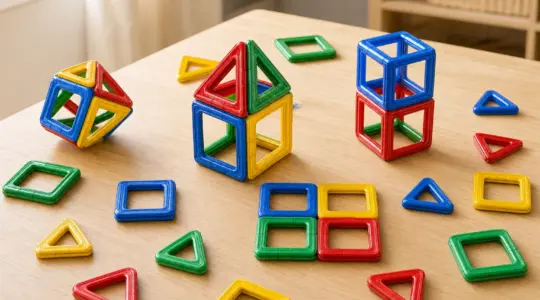 Bunte magnetische Bauplättchen liegen teils zusammengesteckt auf einem Tisch
